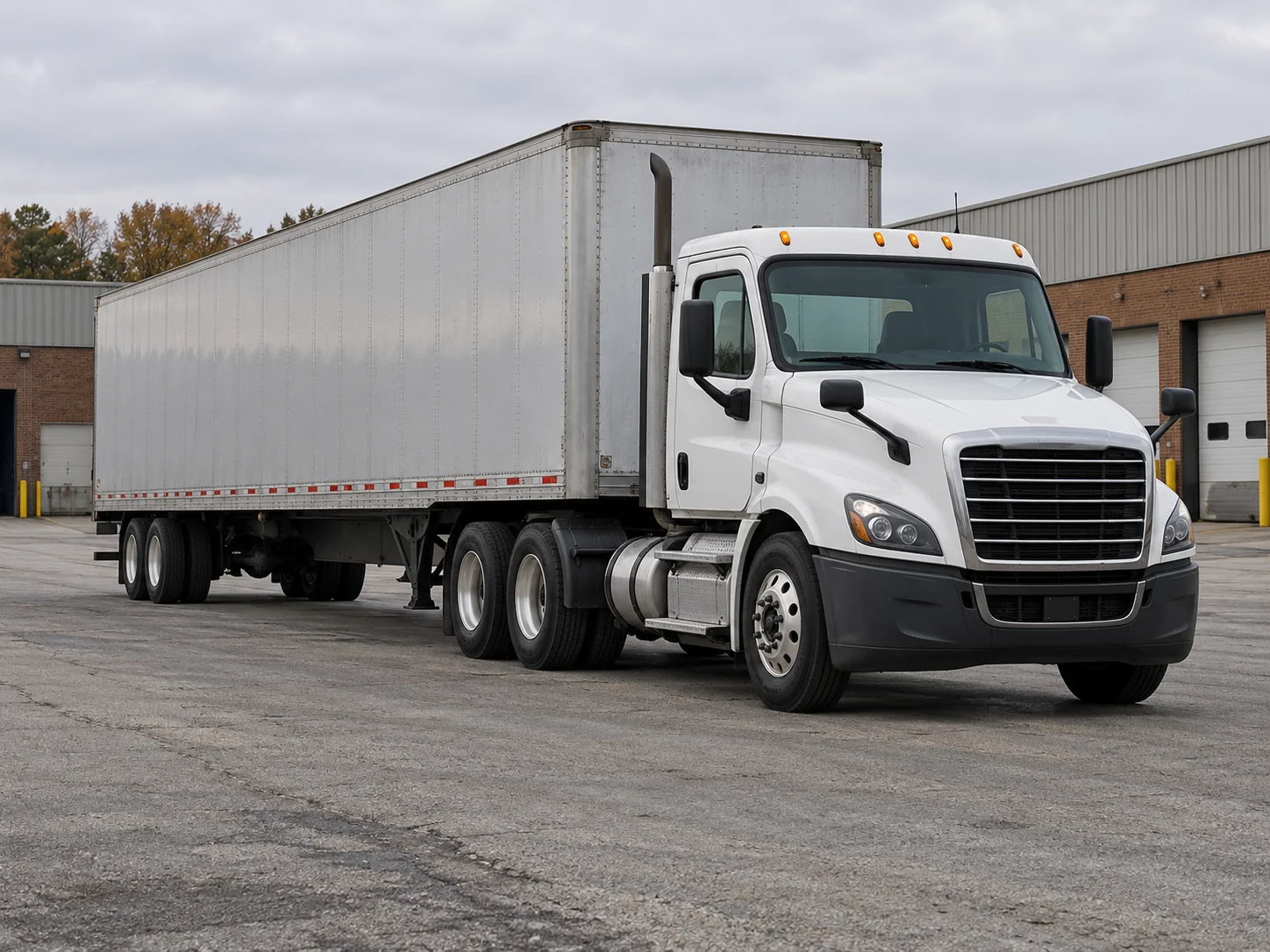 AI-generated white American semi-truck and dry van in a Great Lakes-style industrial yard