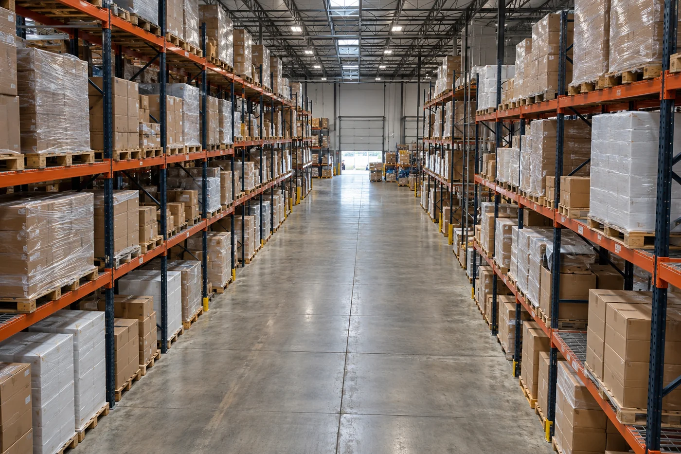 AI-generated warehouse aisle with pallet racks and packaged goods