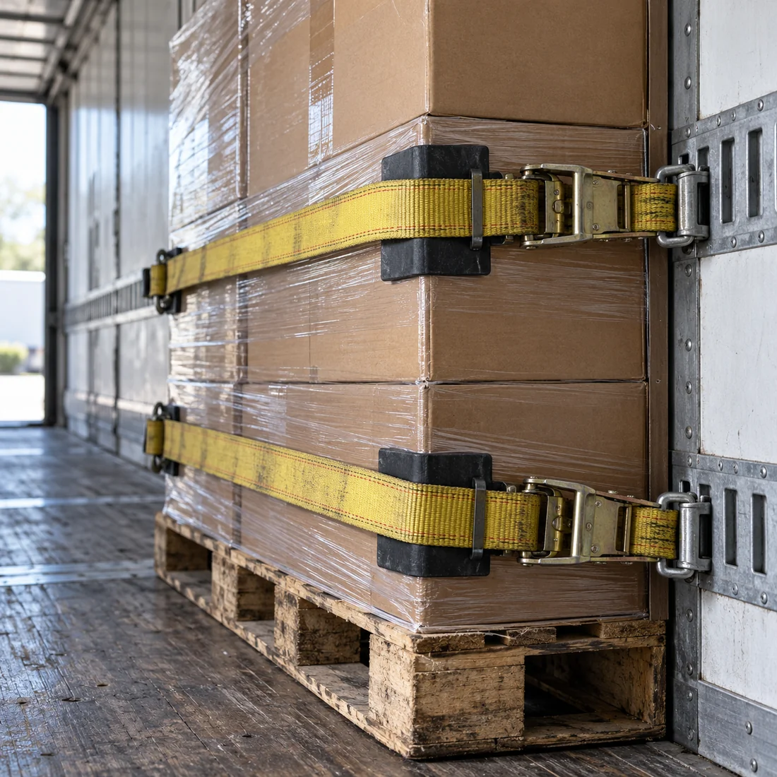 AI-generated close-up of wrapped cargo secured with straps inside a trailer